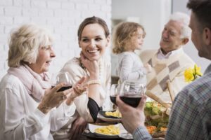 Family eating and chatting.