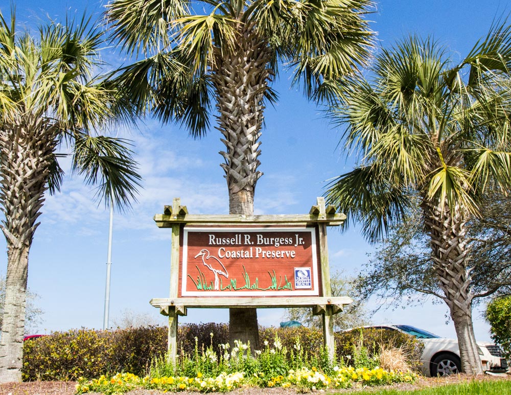 Palm trees and sign. Text: Russell R Burgess Jr Coastal Preserve.