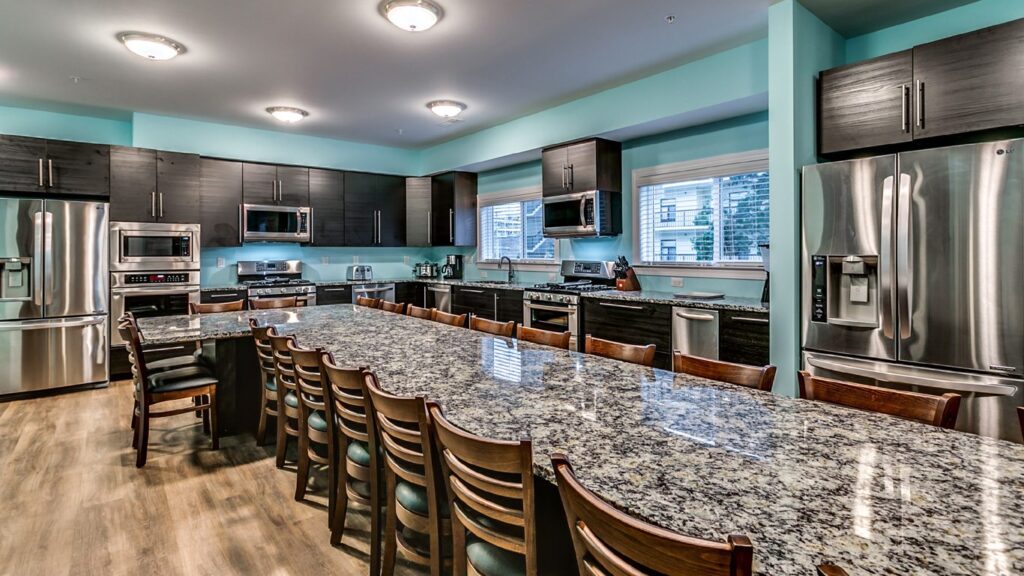 Myrtle Beach retreat kitchen with long dining table.