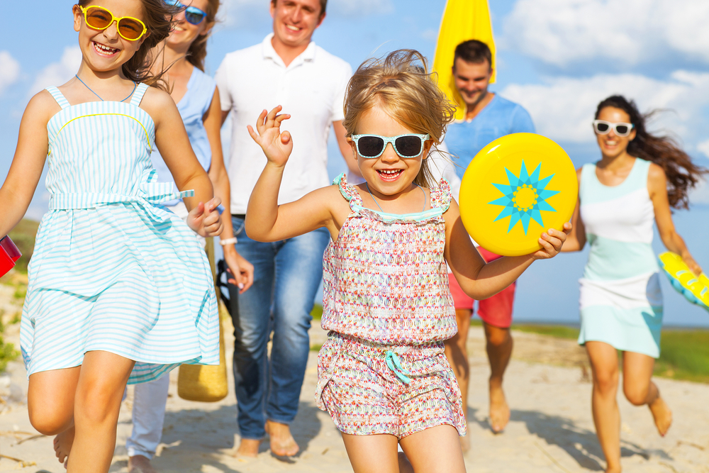 Family going to the beach.