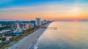Aerial view of Myrtle Beach at sunset.