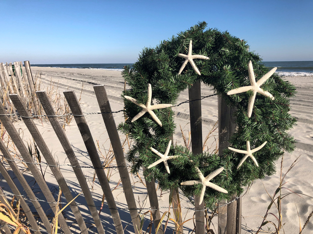 A wreath adorned with seastars hangs on a fence during the holiday season in Myrtle Beach. SC.